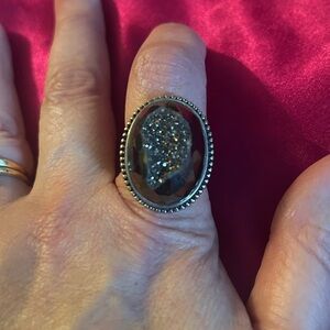 Silver-Tone Hematite Druzy Oval Statement Ring - Gray